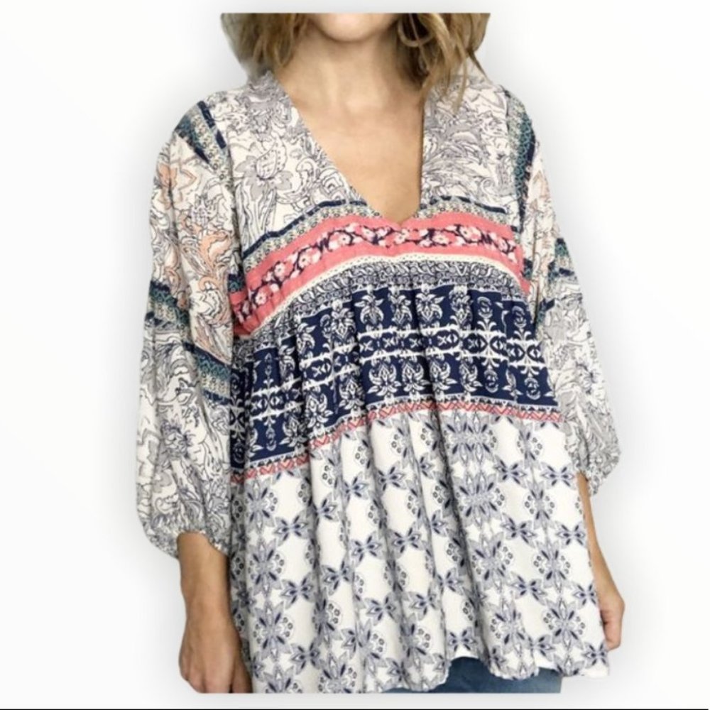 {Knox Rose} Border Print Boho Peasant Blouse